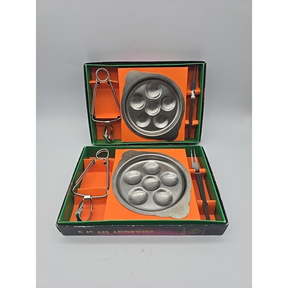 MCM Escargot Serving 2 sets of 3 pc set Stainless Steel Plate, Tongs, Fork Boxed - Picture 2 of 12